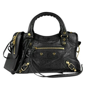 Balenciaga Giant City Leather Shoulder Bag Black Gold